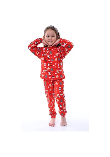 Zuzunga Yılbaşı Temalı Baston Şeker Desenli %100 Pamuk Unisex Pijama Takımı Kırmızı