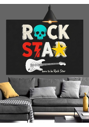 "rock Star" Afişi Ve Gitar Dekoratif Kanvas - Mdf Ahşap Tablo