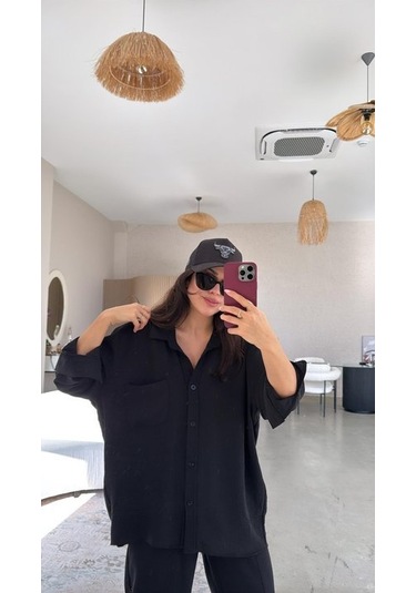 Kadın Flamlı Keten Tek Cep Oversızed Gömlek Siyah