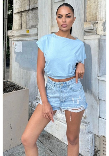 Kadın Bebe Mavi Yarım Kol, Geniş Yaka, Tek Cepli, Beli Lastikli Rahat Crop Bluz Bebe Mavi