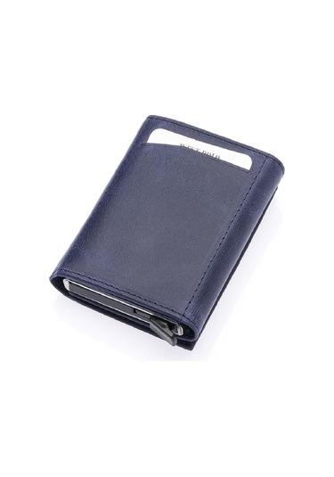 Safari Bol Kartlık Bölmeli Hakiki Deri Unisex Mekanizmalı Cüzdan Lacivert