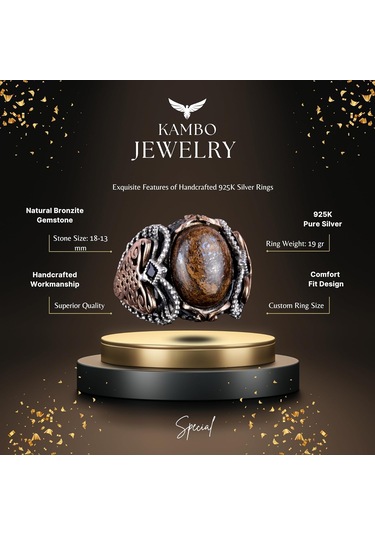 El Yapımı Gerçek Doğal Bronzit Taş Yüzük, 925 Ayar Katı Gümüş Erkek Yüzüğü Gümüş