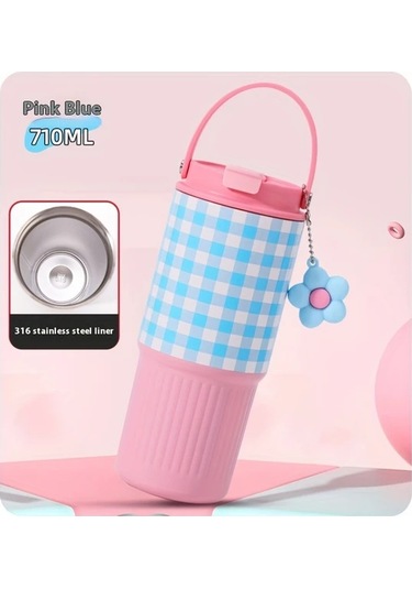 Brightnova Powder Blue Grid 24 01oz 30oz Princess Temalı Paslanmaz Çelik Termos Matara Seyahat Bardağı 07 Beyaz