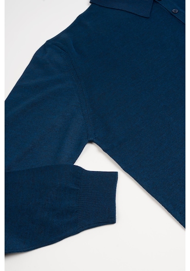 Woolen World Polo Yaka Battal Büyük Boy Yünlü Triko Kazak İndigo