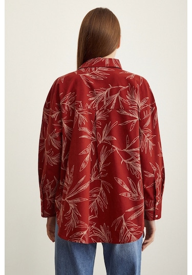 Never More Çiçek Desenli Poplin Gömlek Kiremit