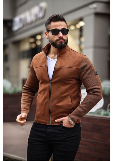 Premium Örme Triko Kol Dik Yaka Süet Ceket Triko Kahverengi