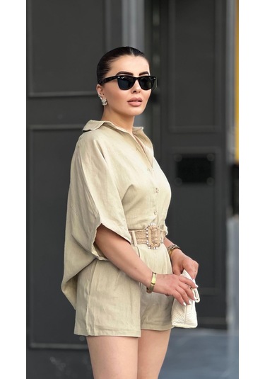 Taş Keten Kendinden Kemerli Gömlek-şort Takım Taş