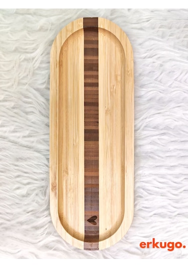 2 Adet Bambu Kalp Desenli Oval Servis Tabağı, Sunum Tabağı 25,5 X 9,5 Cm Bambu