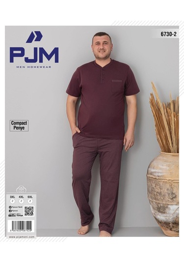Pijamoni Erkek Battal Düğme Yaka Penye Kısa Kol Pijama Takımı 6730/2 - 1 Adet Vişne Çürüğü