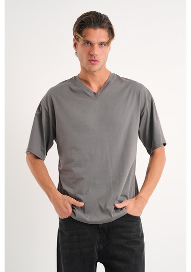 Alexander Gardi Alexandergardı V Yaka Oversize T-shirt E24-742a Koyu Gri