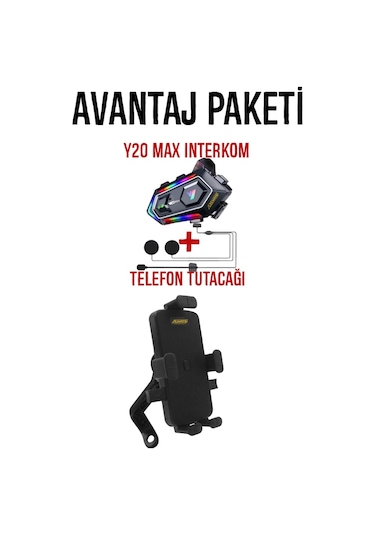 Y20 Max Kask Kulaklık İnterkom + Motosiklet Telefon Tutacağı