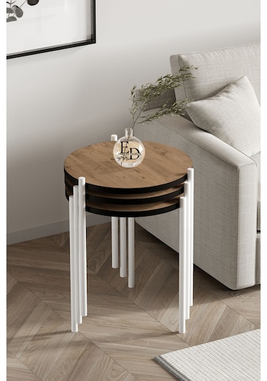 Nice 3'lü Zigon Sehpa Beyaz Metal - Atlantik Çam Tabla