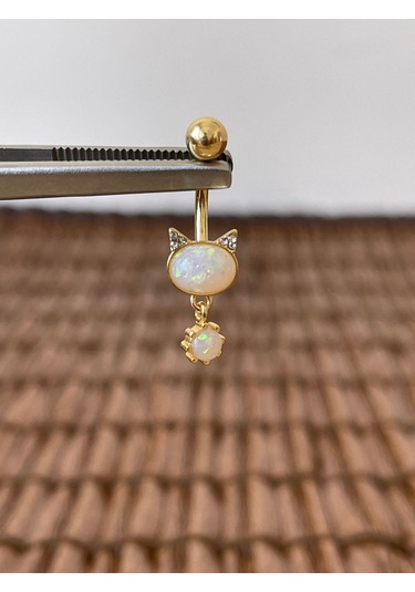 316 L Cerrahi Çelik Anti Alerjik 10 Mm Opal Taşlı Sallantılı Kedi Model Göbek Piercingi Opal Gold