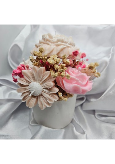 El Yapımı Gül Ve Papatya Mum Alçı Saksı Hediyeli