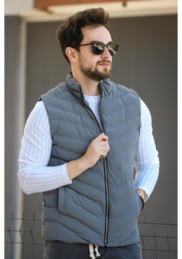 Faxy Cepli Dik Yaka Nova Parlak Kumaş Erkek Şişme Yelek Antrasit