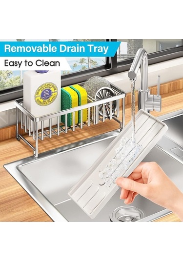 Pazly 24x9.5x10 Cm Paslanmaz Çelik Gümüş Sünger Tutucu Mutfak Lavabo Bulaşık Süngeri Organizatör Süzgeç Fırçası Tutucu Depolama Gümüş