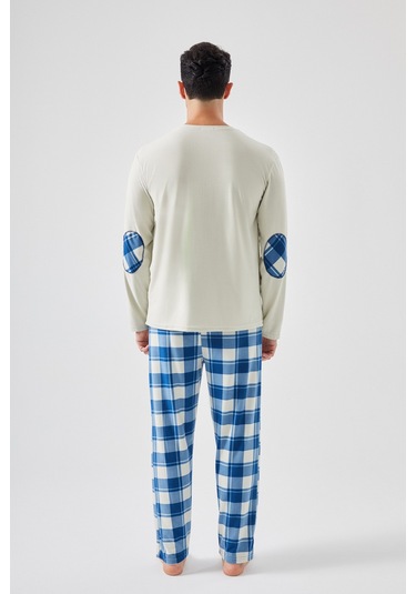 Erkek Pamuklu Uzun Kollu Yamalı Ekose Desenli Pijama Takımı Ko60104 Mavi