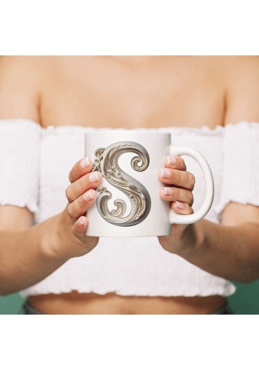 S Harfi Bardak, Monogram 330 Ml Barok Oymalı Görünüm Beyaz