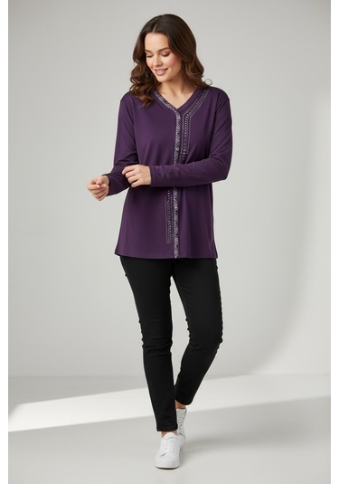 Kadın Önü Kapalı Düğme Detaylı Taşlı Nergis Mevsimlik Bluz Mor