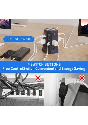 Xuweiwei Passus Power Tower 12 Ac Cikisli 5 Usb Portlu Gece Lambali Surge Protector Zh Black Night Light 11811 Inch