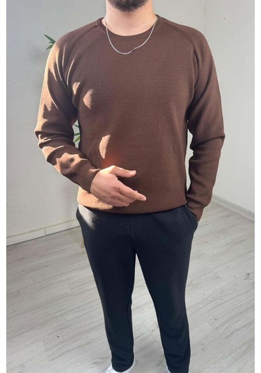 Explode - Erkek Kahve Bisiklet Yaka Slim Kazak Kahverengi