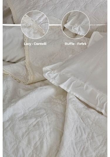 Evlen Home %100 Pamuk Çift Kişilik Özel Taş Yıkama Nevresimli Yatak Örtüsü Seti 7 Parça Yumuşak Barbara Beyaz