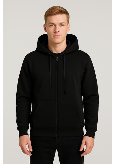 Classics Unisex Tam Fermuarlı Kapşonlu Ceket - 7389 Siyah