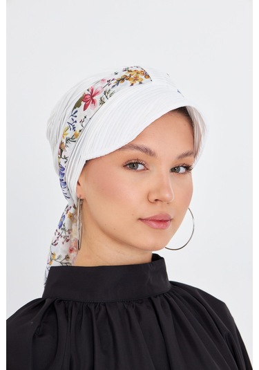 Krem Şapkalı Tesettür Bone Kesik Elyaf Desenli Şifon Kemerli 1902 Krem