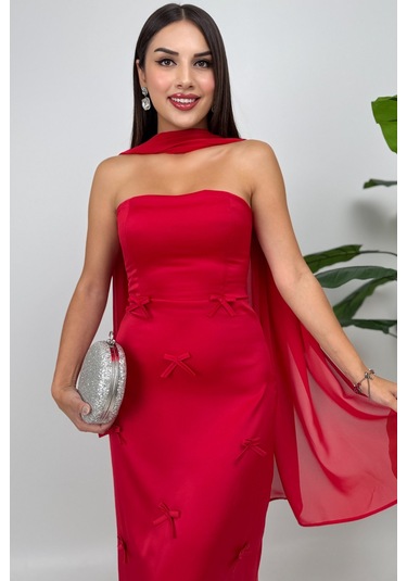 Lilina Straplez Fiyonk Detaylı Şal Aksesuarlı Uzun Kırmızı Abiye Elbise Kırmızı