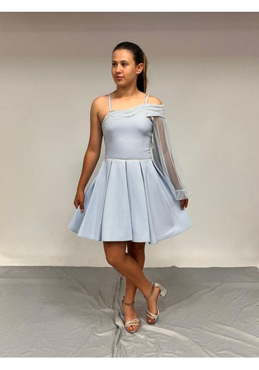 Kız Çocuk Abiye Kısa Krep Bebe Mavi Yaka Şerit Taşlı Tek Kol Çıkabilen Tül Erkut Abiye Elbise 10-15 Yaş İndigo