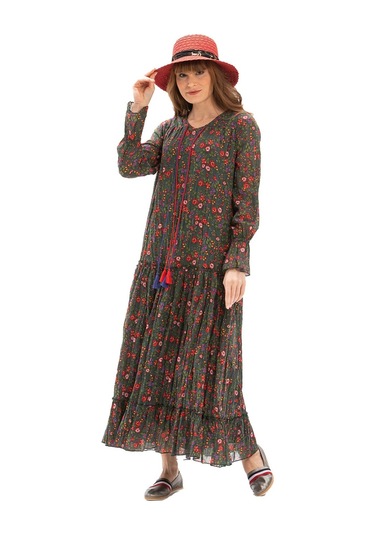 Uzun Kol Vual Gonca Uzun Elbise Tomurcuk Desen Yeşil 6170-yeşil