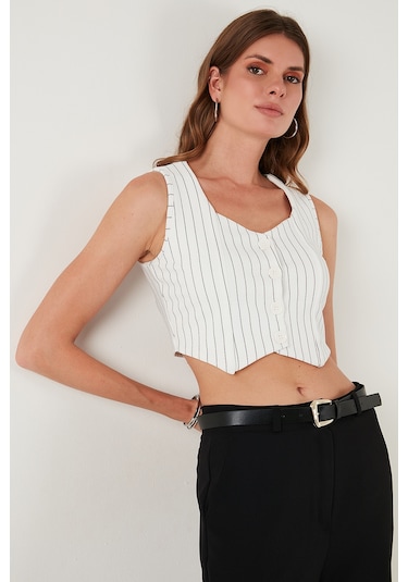 Lela Slim Fit Kalp Yaka Düğmeli Kalın Askılı Crop Bayan Yelek 5865497 Siyah Çizgili