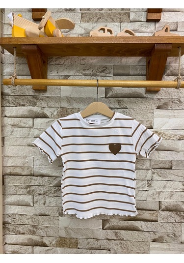 Aysbebe Kalp Nakışlı Çizgili Tişört + Tayt Buzi Kumaş Takım Kahverengi