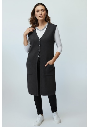 Kadın Önü 3 Düğmeli Üstten Cepli Uzun Yelek Koyu Gri