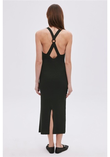 Yeşil Sırt Dekolteli Midi Triko Elbise-yeşil