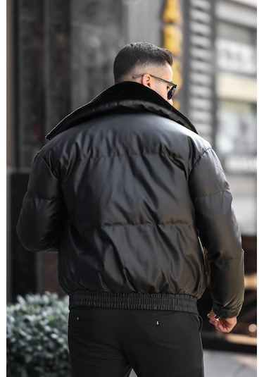 Erkek Kürk Yaka Su Ve Soğuk Geçirmez Dolum Deri Şişme Mont Siyah 001