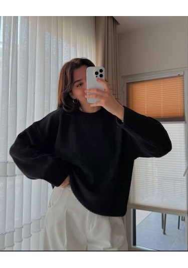 Kozia Outdoors Bisiklet Yaka Oversize Triko Kazak Siyah