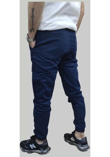 Erkek Jogger Beli Ve Paçası Lastikli Keten İndigo Kargo Pantolon İndigo