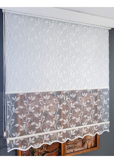 Çift Mekanizmalı Yaprak Desenli Tül Stor Perde Beyaz