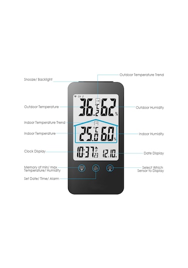 Yifomall Dokunmatik Tuşlu Dış/iç Sıcaklık Nem Ölçer - 30m Kablosuz Sensörlü İklim İzleyici Sistemi Siyah, Pil Yok