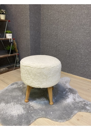 Asedia Miskin Naturel Teddy Krem Ahşap Ayaklı Peluş Puf Makyaj Koltuğu Yuvarlak Tabure