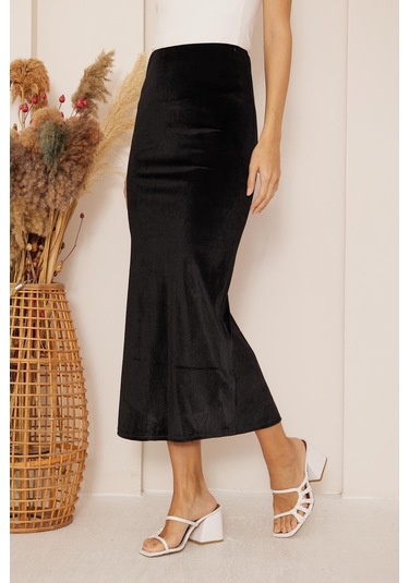 Kadın Siyah Kadife Maxi Boy Etek Dm2026 Siyah