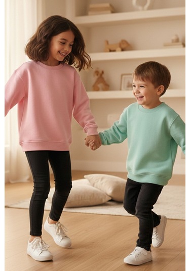 Zuzunga 2'li Basic Şardonlu Çocuk Sweatshirt Su Yeşili - Pudra 9003