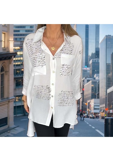 Kadın Yaz Baskılı Gevşek Günlük Smokin Gömlek Beyaz
