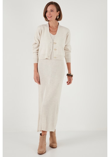 Lela V Yaka Fitilli Uzun Triko Bayan Elbise 4616169 Açık Taş