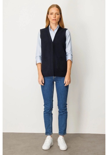 Desen Triko Kadın V Yaka Çelik Örgü Yün Anne Yelek 25044 Koyu Lacivert Koyu Lacivert