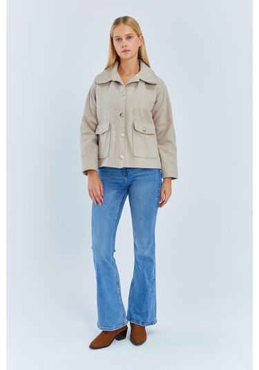 4410 Kadın Balık Sırtı Kısa Kaban Bej Bej