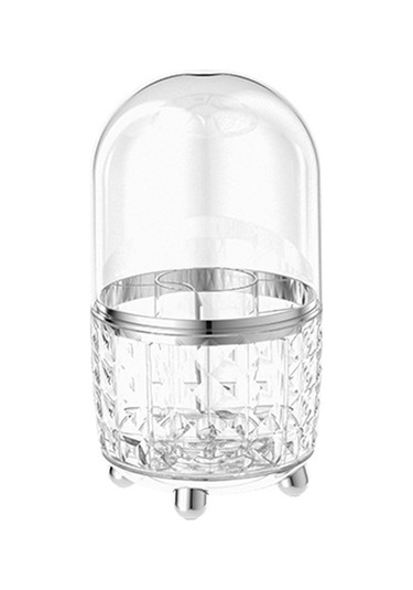 Symbee Plastik Döner Makyaj Fırçası Kutusu - 6 Bölmeli, Kapaklı, Toz Koruyucu, Masaüstü Organizer Şeffaf Gümüş Şeffaf