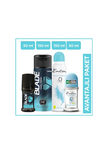 Emotion Ocean Fresh Kadın Sprey Deodorant 150 ML + Roll-On 50 ML + Blade Cool Fresh Erkek Deodorant 150 ML + Roll-On 50 ML