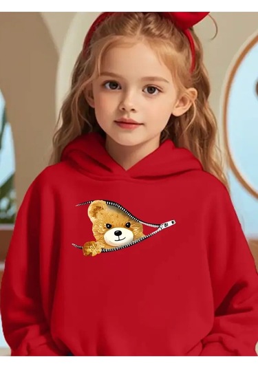 Kızlar İçin Sonbahar Kışlık Kapüşonlu Sweatshirt Fermarlı Ayıcık Kırmızı
